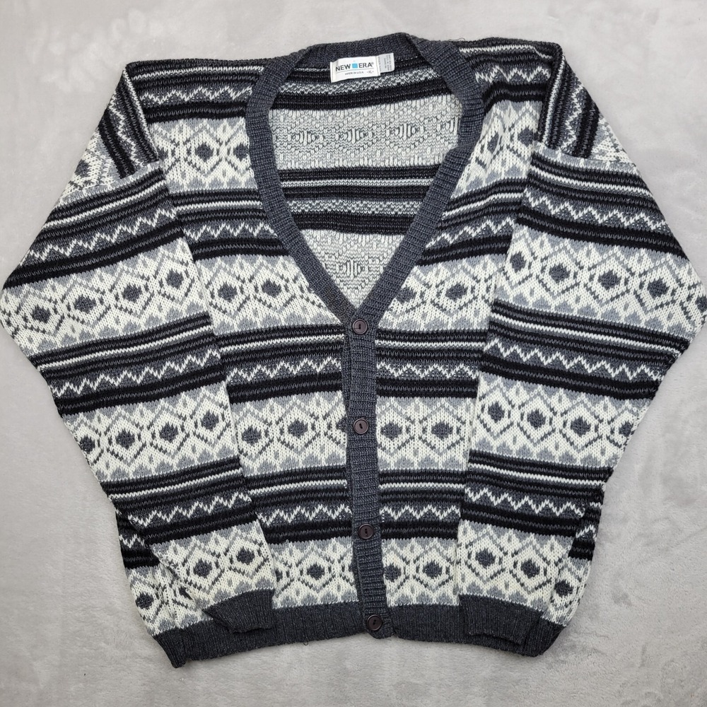 New Era Sweater Mens XL Cardigan Sweatshirt Vintage Made In USA Fair Isle Adult‎